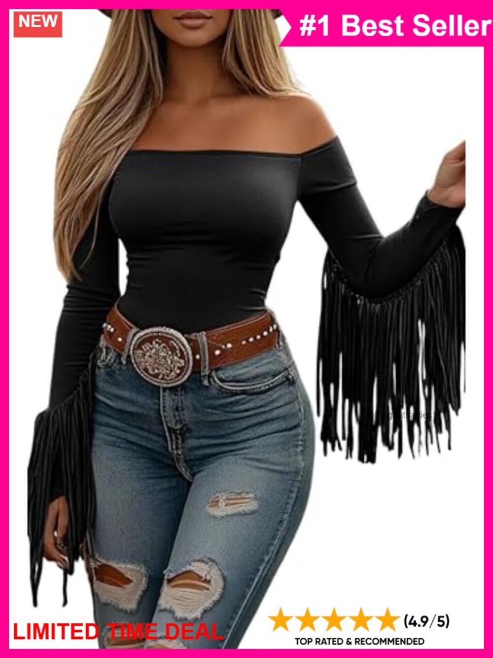 Off the Shoulder Fringe Crop Top Long Sleeve Western Cowgirl Blouse